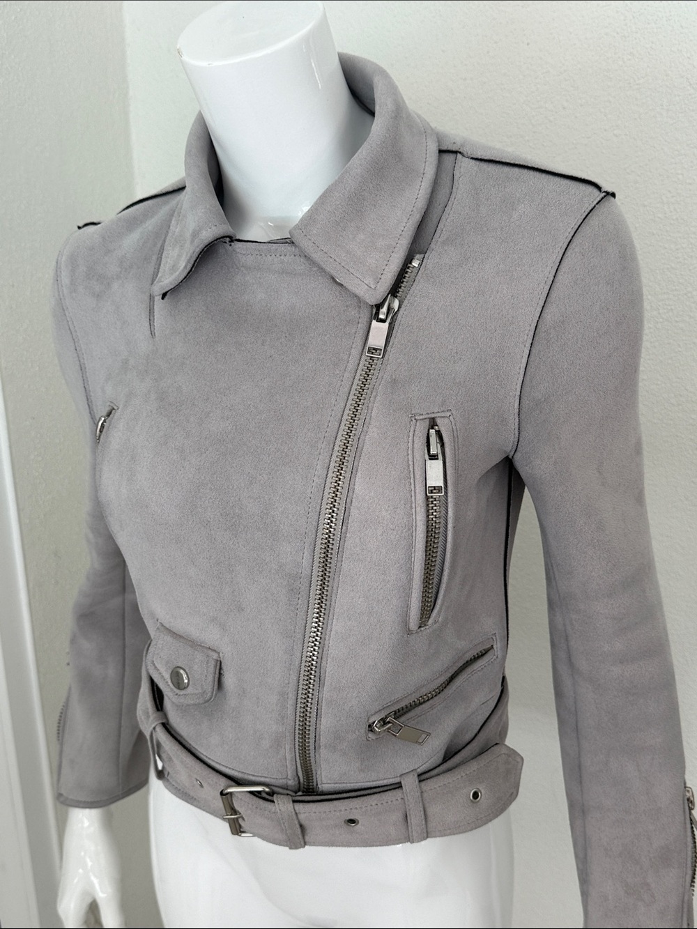 Zara UltraSuede Moto Jacket - Light Gray size XS- Excellent - Picture 11 of 13